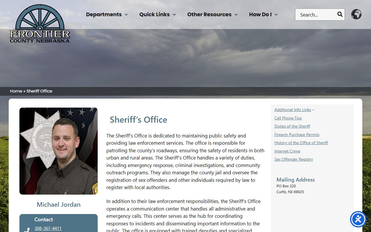 Frontier County Sheriff Office page with sheriff contact and jail management information