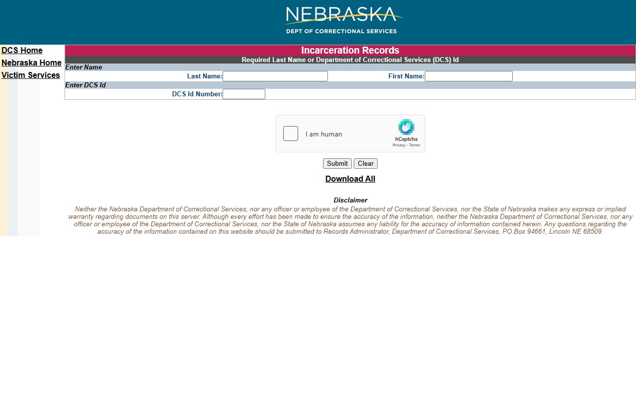 Nebraska Department of Correctional Services inmate locator fields for last name and DCS ID
