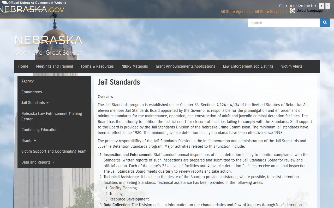 Nebraska Jail Standards page for Frontier County Jail compliance context