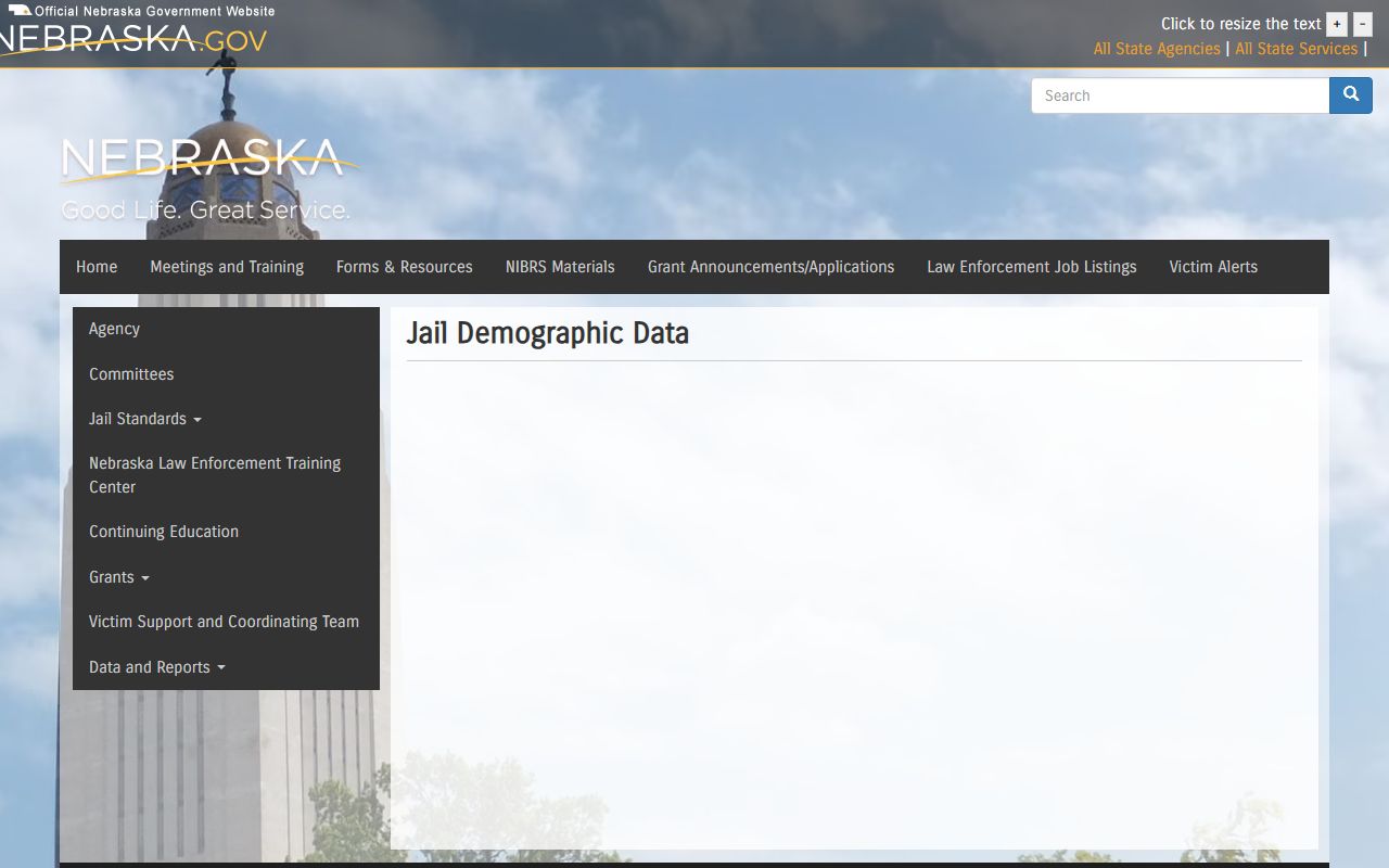 Nebraska Crime Commission jail demographic data dashboard filters and categories